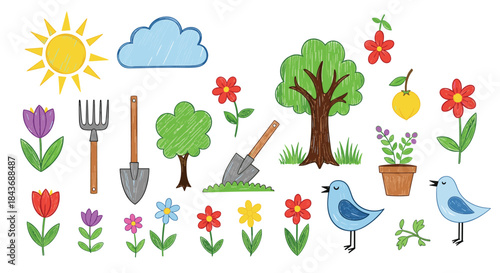 Colorful garden scene with a bright sun and fluffy cloud and blue birds among trees flowers pots and tools including a shovel rake and spade amid budding plants and blossoms.