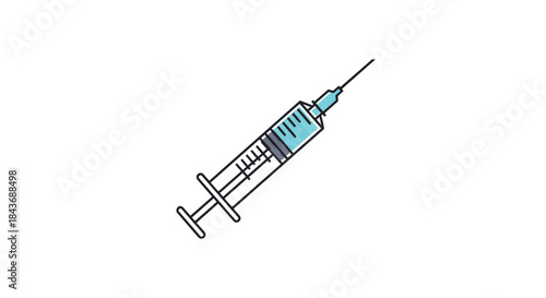 Medical syringe illustration shows a sterile syringe with blue liquid ready for vaccination and marks the moment of a careful injection procedure.