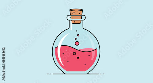 Colorful cartoon glass bottle filled with pink liquid and a cork stopper sits on a pale blue background ready for a playful chemistry illustration.
