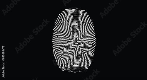 Close up of a white fingerprint pattern on a black background showing intricate ridges spirals and whorls used in identity verification and forensic analysis.