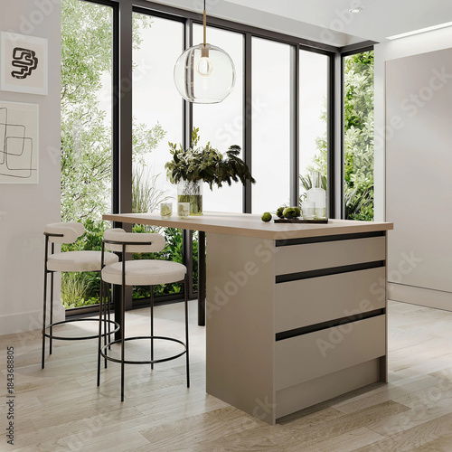 Modern luxury kitchen interior in minimal scandinavian style, 3d render