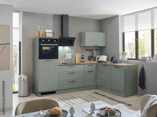 Modern luxury kitchen interior in minimal scandinavian style, 3d render