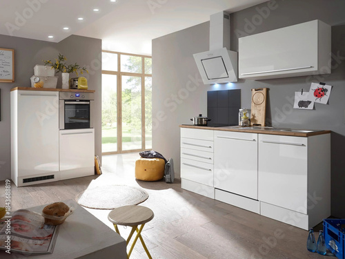 Modern luxury kitchen interior in minimal scandinavian style, 3d render