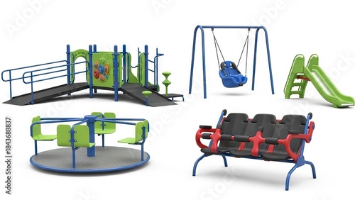 A playground scene showing various play structures in a white background