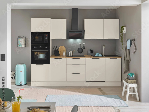 Modern luxury kitchen interior in minimal scandinavian style, 3d render