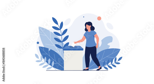 Person casts a ballot into a ballot box amid stylized leaves showing civic participation and the importance of voting in a democratic society.