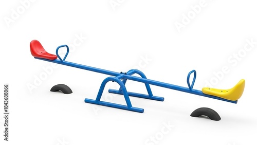 A playground seesaw with red yellow seats blue frame black ground bumpers on a white background