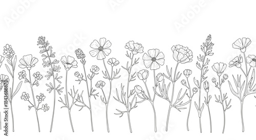 Delicate line of hand drawn wildflowers forms a continuous border along the bottom of the frame in grayscale and evokes calm nature inspired decor.