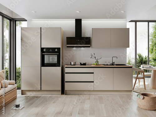 Modern luxury kitchen interior in minimal scandinavian style, 3d render