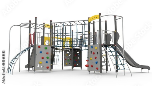 A playground structure with climbing walls rope bridges monkey bars and a slide set against a stark white background