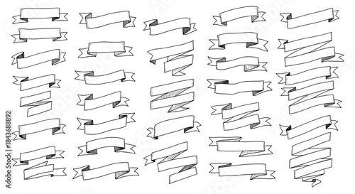 Collection of hand drawn ribbon banners with varying shapes and angles sketched in black ink on a white background for decorative use.
