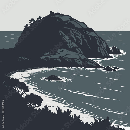 Dramatic coastal landscape featuring a rugged tree topped island with a prominent structure on its summit overlooking a serene ocean with gentle waves crashing against rocky shores and a sandy beach