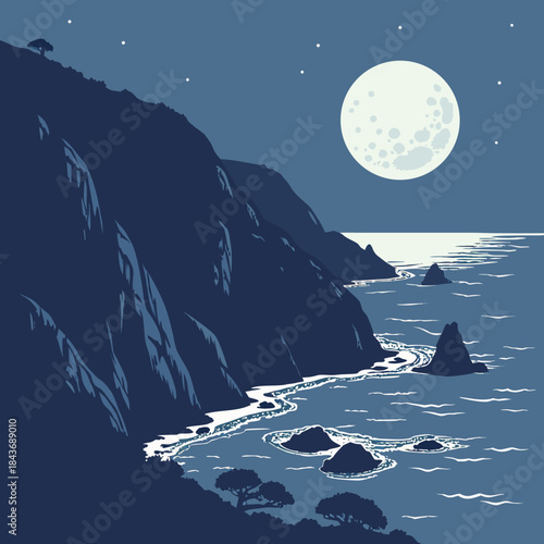 Serene night landscape of a rugged coastline with a large full moon illuminating the ocean and rocky outcrops under a starry sky