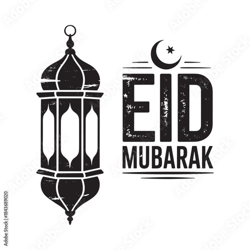 Eid mubarak greeting with a decorative lantern and crescent moon illustration