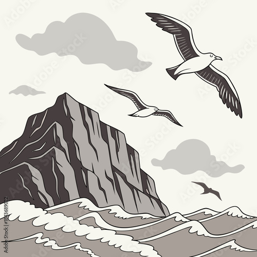 Stylized illustration of seagulls soaring over choppy ocean waves near a rocky cliff face under a cloudy sky in a vintage monochrome style