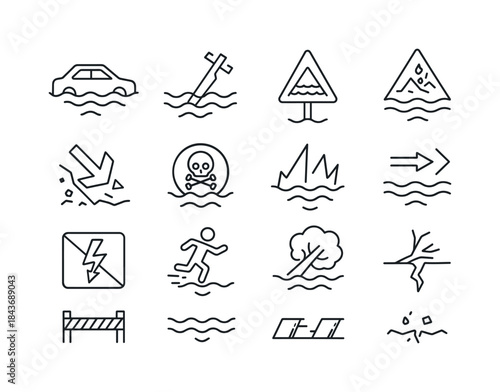 Flood Hazard Icons. Flood Hazards. Line icon set of Flood Hazard