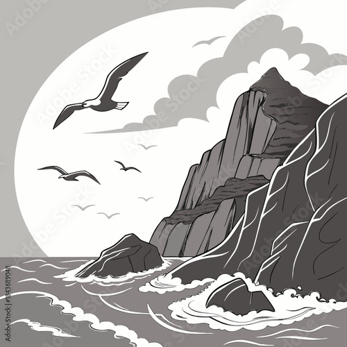 Seagulls soar over a dramatic rocky coastline with crashing waves and a cloudy sky in a striking monochrome illustration