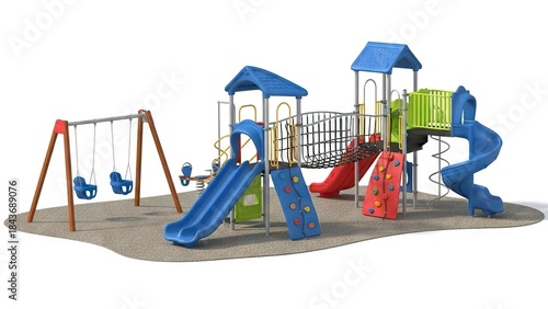 A playground with swings slides climbing walls and other play equipment