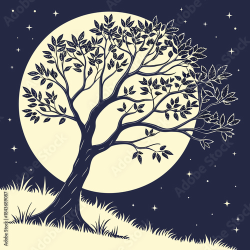 A solitary silhouetted tree with detailed leaves stands against a large pale moon and a starry night sky above a grassy hill