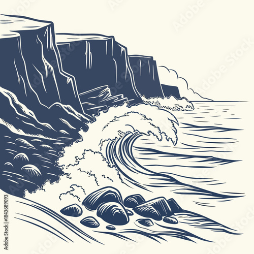 Dramatic illustration of a powerful ocean wave crashing against a rocky shore with steep cliffs in the background under a clear sky