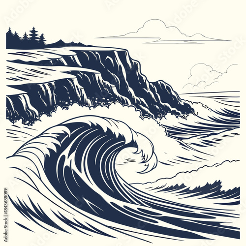 Dramatic illustration of a powerful ocean wave crashing against a rugged cliff face with stylized trees and clouds in the background