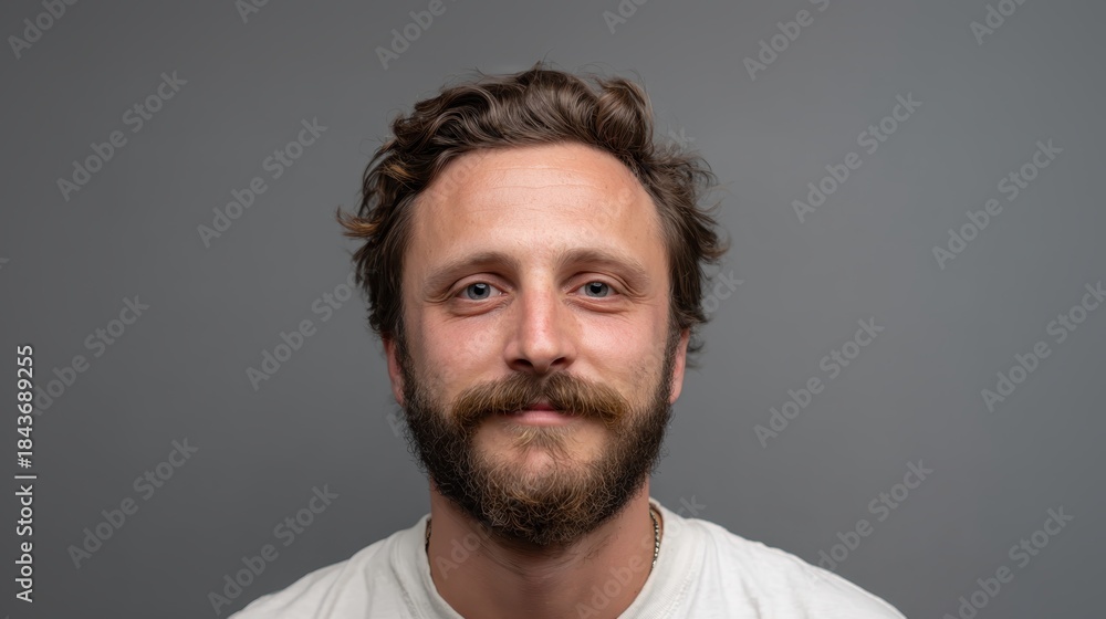 Obraz premium Young man with a scraggly beard and mustache looking directly at the camera. Posing with a neutral yet approachable expression in a studio headshot against a gray background