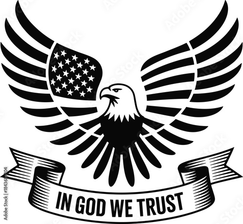 In God We Trust Patriotic Eagle Emblem – American Freedom Symbol Black and White Vector Illustration