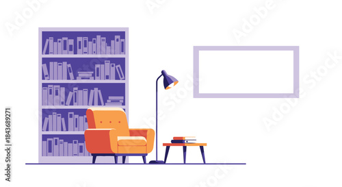 Comfortable reading nook with a bright armchair next to a large bookshelf, a floor lamp, and a side table, creating a cozy home interior.