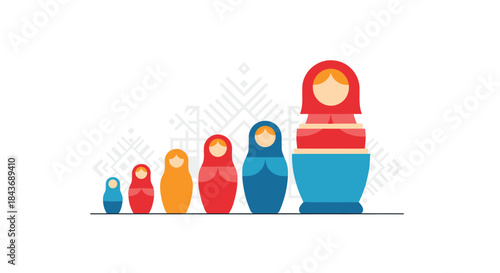 Row of traditional Russian matryoshka nesting dolls lined up in order of size from smallest to largest, showcasing folk art and culture.