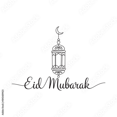 A delicate eid mubarak illustration with a crescent moon and ornate lantern