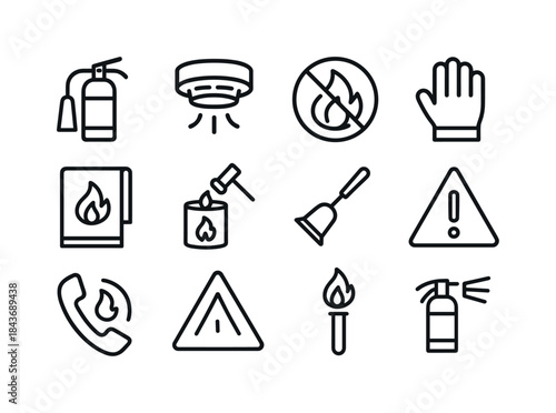 Fire Safety Icons. Safety with Fire. Line icon set of Safety wit