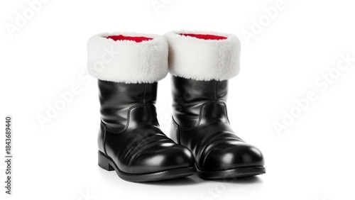 Santas black boots with white fur trim and red interior lining set against a white background