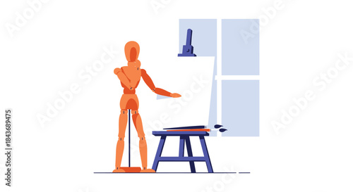 Classic wooden artist mannequin standing in a dynamic pose next to a stool with drawing tools in a studio, ready for an art class.