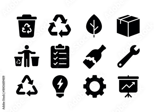 Waste Management Icons. Waste Reduction. Solid icon set of Waste