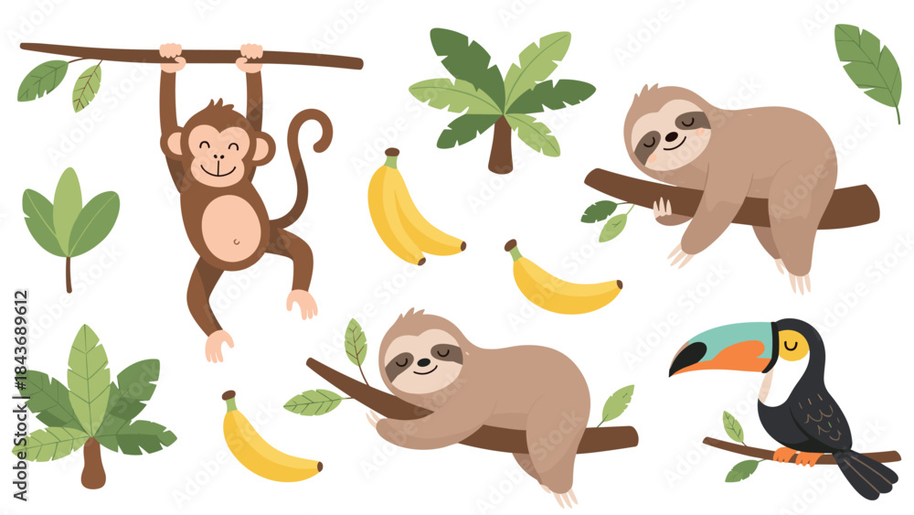Obraz premium Tropical jungle animal and plant collection with a monkey, sloths, a toucan, bananas, and various leaves for safari-themed designs.