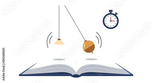 Conceptual illustration about physics and time, showing a swinging pendulum above an open book with a stopwatch timing the oscillation.