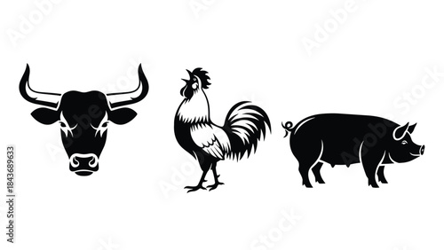 Bold black and white stencil-style icons of common farm animals, including the head of a bull, a crowing rooster, and a pig.