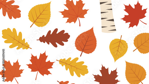Colorful assortment of autumn leaves in shades of orange, yellow, and red, featuring maple, oak, and birch tree elements.