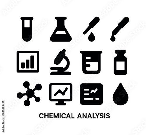 Chemical Analysis Icons. Chemical analysis. Solid icon set of ch