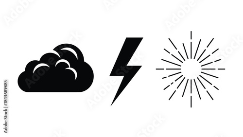 Minimalist black weather icons representing different conditions, including a fluffy cloud, a sharp lightning bolt, and a radiant sunburst.