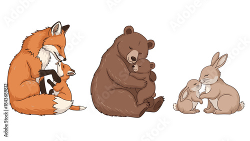 Heartwarming collection of mother and baby animals sharing a tender hug, featuring a fox, a bear, and a rabbit family.