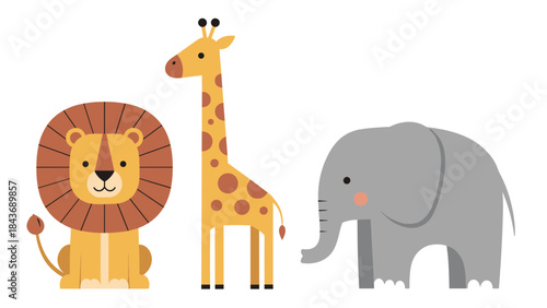 Adorable set of cute cartoon safari animals for children's decor, featuring a friendly lion, a tall giraffe, and a sweet elephant.