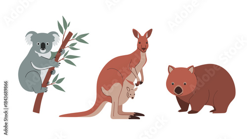 Cute cartoon collection of iconic Australian animals, featuring a koala on a eucalyptus branch, a kangaroo with a joey, and a wombat.