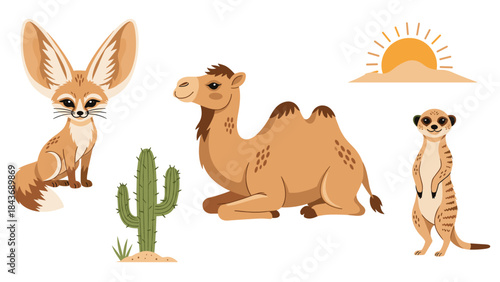 Collection of cute desert animals and nature elements, featuring a fennec fox, a camel, a meerkat, a cactus, and a setting sun.