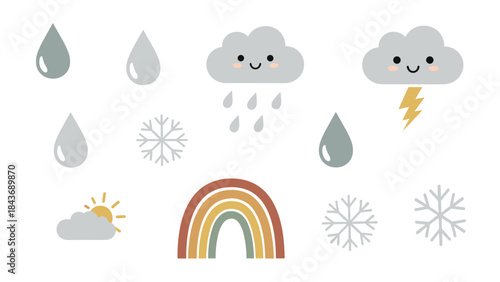 Boho-style weather icon set with cute faces, featuring rain clouds, a rainbow, snowflakes, and a sun peeking from behind a cloud.