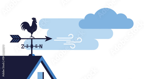 Traditional rooster weathervane on a rooftop, with its arrow pointing east to show the direction of the wind blowing across the sky.