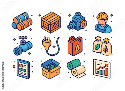 Colorful Production Icons. Production inputs. Colorful isometric