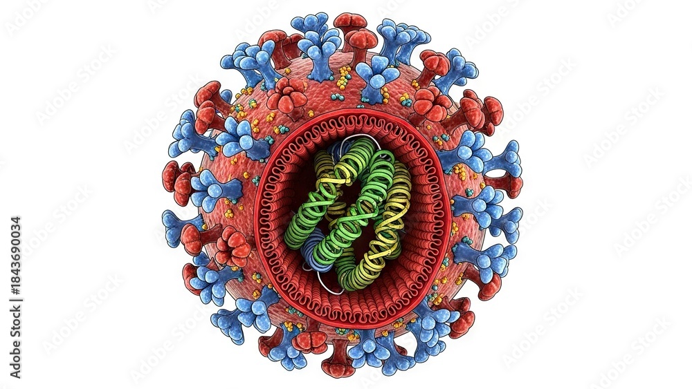 Fototapeta premium Crosssection of virus outer sphere with blue red protrusions inner coil of green yellow strands