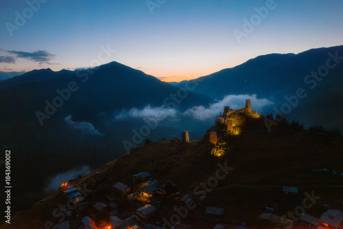 The Upper Omalo village and the fortress Keselo at night. Travel to the Georgia. Caucasus. High quality photo