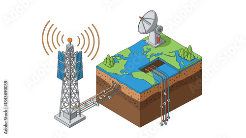 Isometric illustration of a telecommunications tower with solar panels connected to underground cables and a satellite dish on a world map.